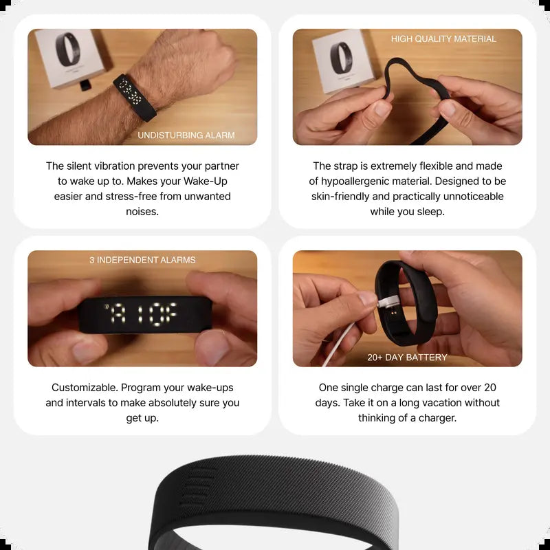 Onyx Silent Vibration Wrist-Worn Device - Portable Alarm Clock for Heavy Sleepers, Partner-Disturbance-Free, 2 Intensity Levels, up to 3 Alarms, 14+ Day Rechargeable Battery, Portable Alarm Clocks